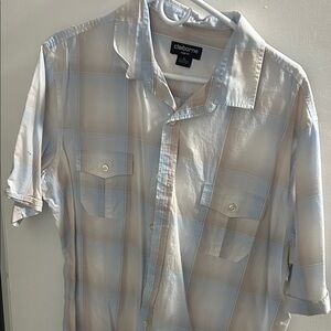 Claiborne Men's Light Blue and Beige Checkered Shirt